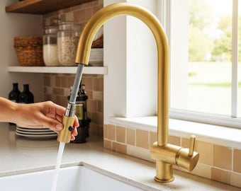 Unlacquered Brass Pull Down Kitchen Faucet Single Handle Sink Faucet Modern Brass Tap with Sprayer