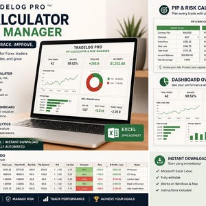 May include: A laptop displaying the Tradelog Pro Pip Calculator and Risk Manager Excel spreadsheet. The screen shows trading data, charts, and profit metrics. Additional panels detail the Pip and Risk Calculator, dashboard overview, and a trade log table.