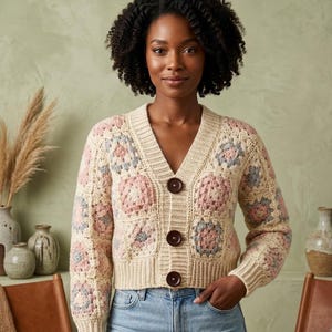 May include: Cream-colored crochet cardigan with a V-neck and three large brown buttons. The cardigan features square floral patterns in pink and gray. The sleeves and bottom hem are ribbed. A stylish, handmade garment.