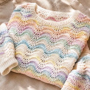 Mönster för virkad tröja i pastellfärgade vågor | Handledning för Ripple Stitch-tröja (digital nedladdning)