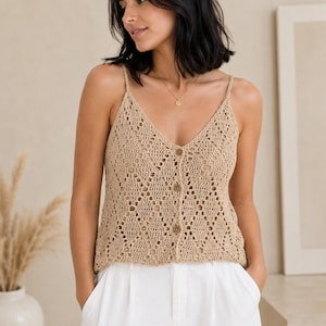 Sandy Breeze Camisole Crochet Pattern PDF | Button Front Lace Tank Top Pattern | Summer Crochet Cami Pattern | Boho Crochet Top Tutorial