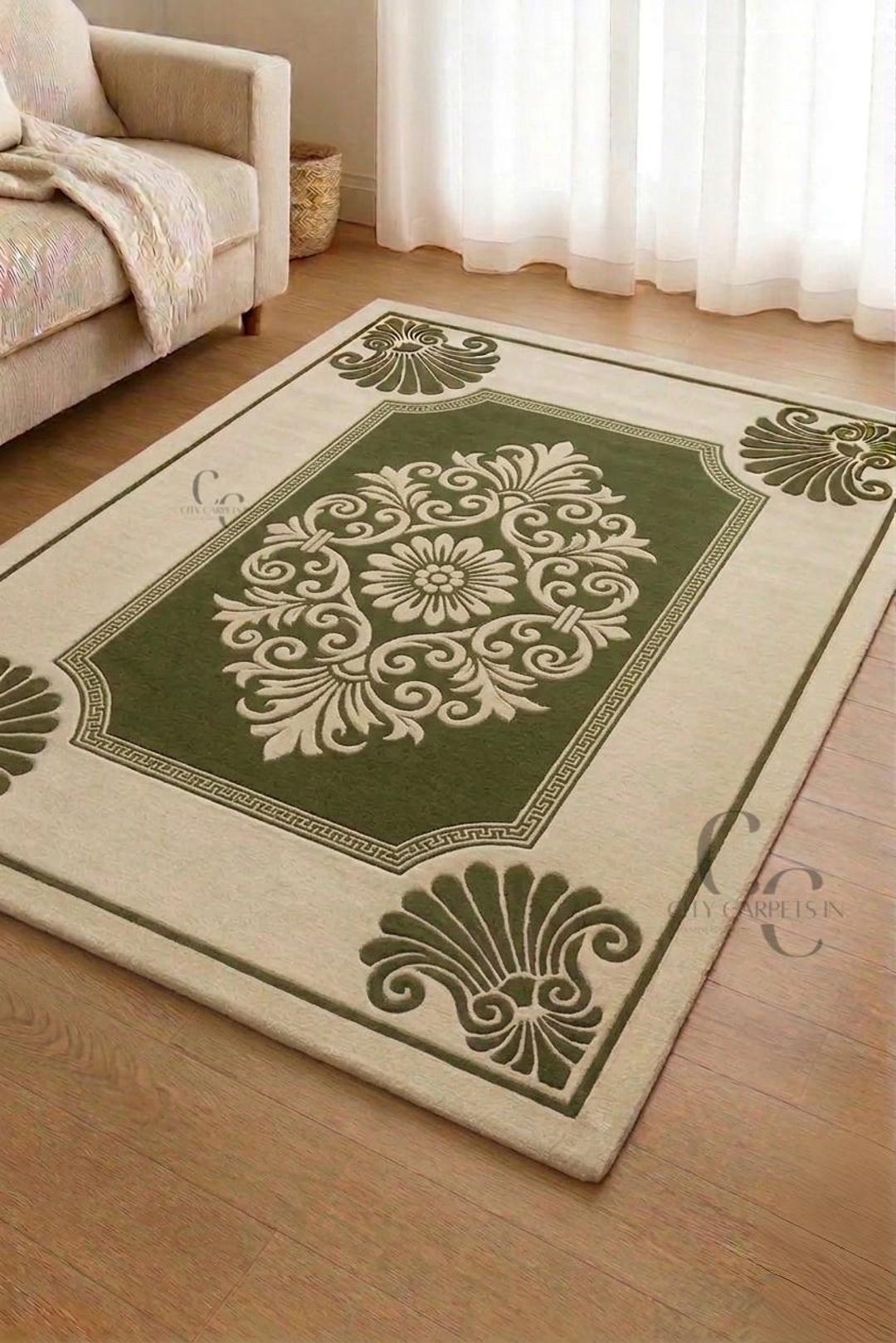 Hand Tufted Green Floral Wool Area Rug Classic Living Room Carpet - Etsy