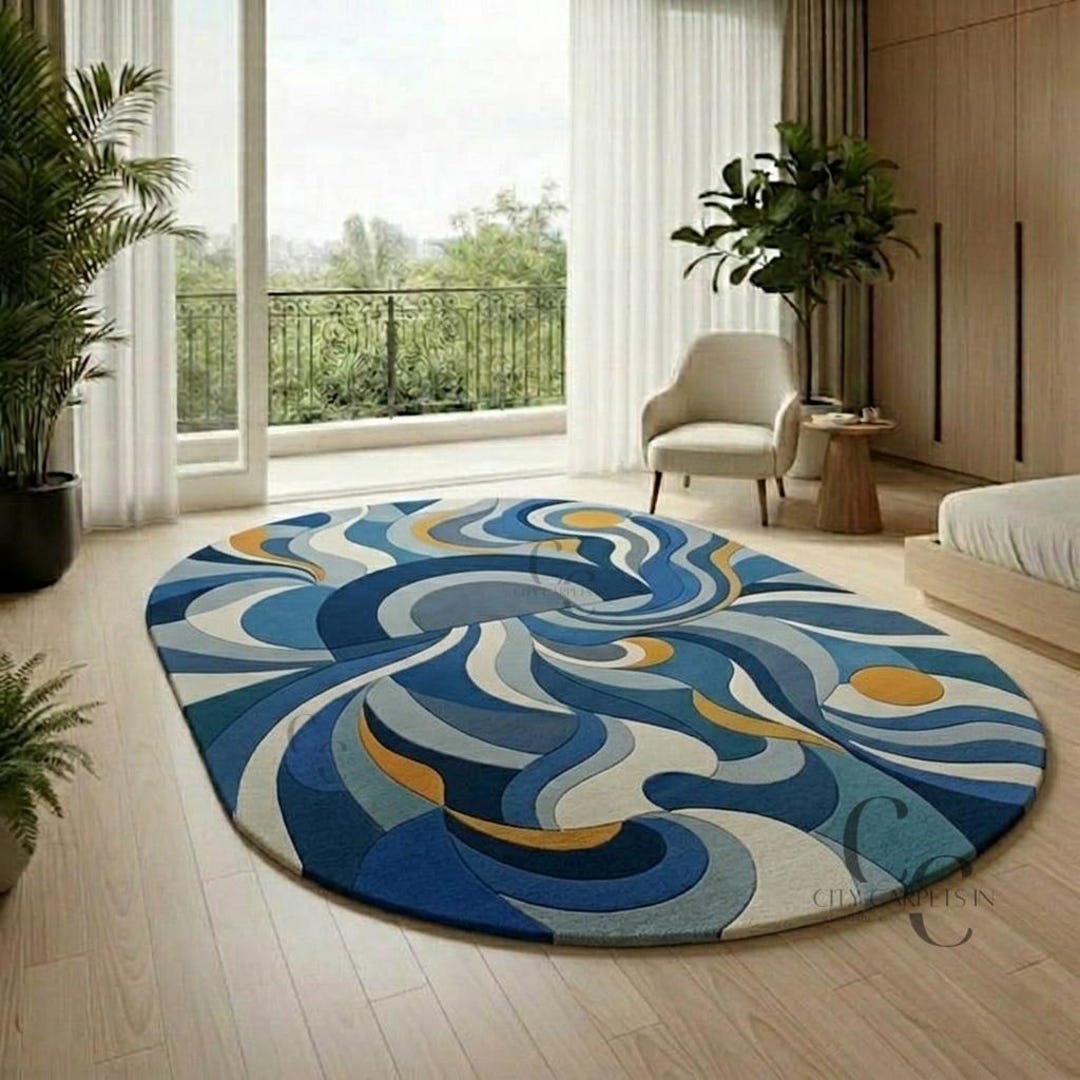 Hand Tufted Blue Abstract Oval Wool Area Rug - Etsy