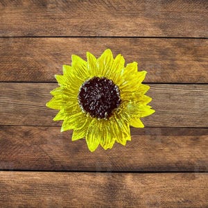 May include: A bright yellow sunflower with a dark brown centre sits centered on a wooden surface. The sunflower's petals are a vibrant yellow, and the centre is a deep brown. The wooden surface has a warm, brown tone.