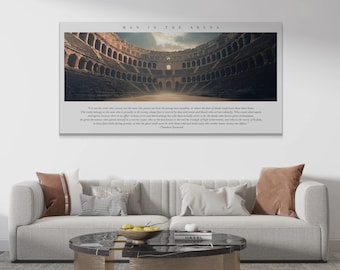 Canvasprint 'Man in the Arena' met een citaat van Theodore Roosevelt, muurdecoratie, poster uit het Romeinse Colosseum, motiverende kantoordecoratie, mannelijk cadeau.