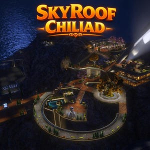 Peut inclure: Vue aérienne nocturne avec le texte "SKYROOF CHILIAD" en orange et or. L'image présente des bâtiments, des routes et un plan d'eau, tous éclairés sur fond de ciel bleu foncé.