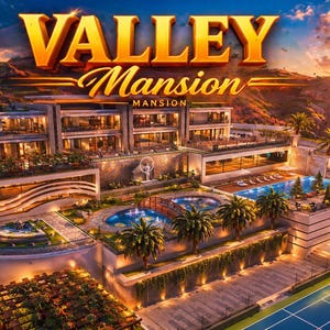 May include: An aerial view of a luxurious mansion with a tennis court, swimming pools, and lush landscaping. The text "VALLEY MANSION" is displayed in gold lettering against a sunset backdrop.