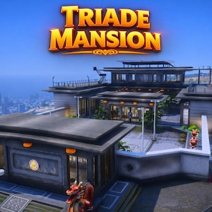 Op de afbeelding: Een luchtfoto van een modern herenhuis met de tekst "Triade Mansion" in goud en oranje. Het gebouw heeft een plat dak, grote ramen en een eigentijds ontwerp. De achtergrond toont een skyline en een heldere blauwe lucht.