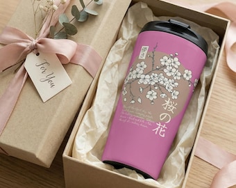 Japanese Cherry Blossom Travel Mug, Sakura Art Coffee Tumbler, Stainless Steel Insulated Gift for Her, Zen Floral Tea Cup, Birthday Gift