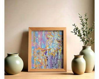 Original mixed media collage - abstract flowers in blue & violet with yellow accents - hand-painted Hahnemühle Cornwell 450g - 24 x 32 cm