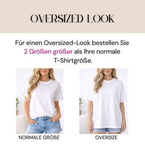 May include: Image comparing a standard fit white t-shirt to an oversized white t-shirt. Text at the top reads "OVERSIZED LOOK". The text below says to order two sizes larger for an oversized look.