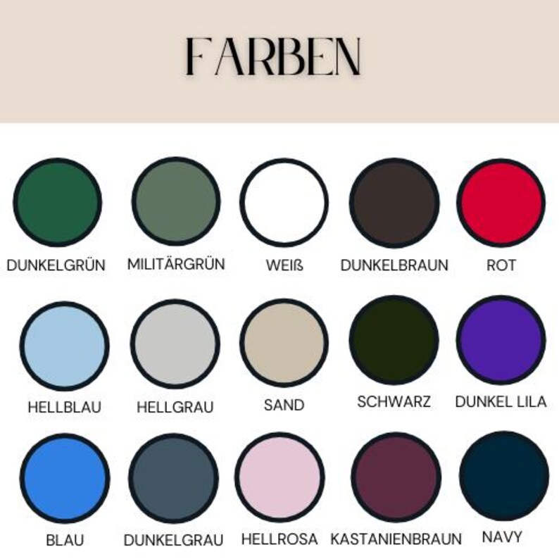 May include: A color palette with 15 circular color swatches, each labeled in German. Colors include dark green, military green, white, dark brown, red, light blue, light gray, sand, black, dark purple, blue, dark gray, light pink, maroon, and navy.