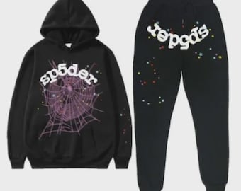 Conjunto deportivo de araña: sudadera con capucha y pantalones deportivos con estampado de telaraña / Ropa de calle unisex Y2K