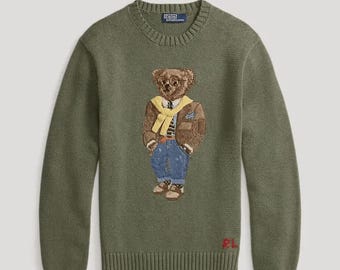 Ralph Lauren Polo Bear Sweater | Olive Green Cotton Wool Blend Embroidery Knit Jumper