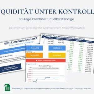 Könnte beinhalten: Ein digitales Finanzplanungstool mit dem Text "LIQUIDITÄT UNTER KONTROLLE" und "30-Tage Cashflow für Selbstständige". Das Bild zeigt Tabellenkalkulationen mit Finanzdaten, Diagrammen und dem Text "MRH Liquiditäts-Starterkit".