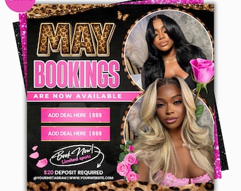 Panfleto de reservas de maio, Panfleto de reservas para o Dia das Mães, Cabelo em maio, Agenda aberta para maio, Panfleto de agendamento de maio, Agende agora para maio, Panfleto de cílios, unhas, tranças e perucas para maio