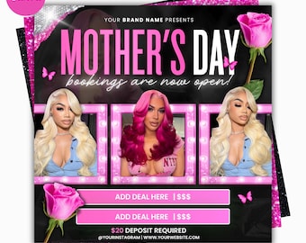 Panfleto de agendamento para o Dia das Mães, Panfleto de agendamento para maio, Cabelo em maio, Agenda aberta para maio, Panfleto de agendamento para maio, Agende agora para maio, Panfleto de cílios, unhas, tranças e perucas para maio