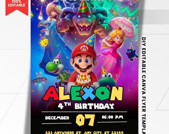 Convite de aniversário do Mario Galaxy, convite para festa espacial, cartão para festa de jogos para meninos, download instantâneo, modelo editável do Canva (12,7 x 17,8 cm)