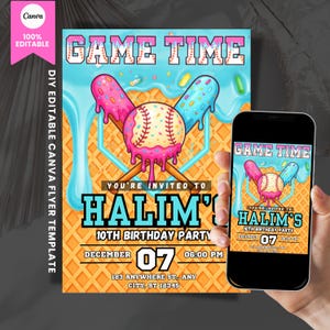 Könnte beinhalten: Eine DIY-bearbeitbare Canva-Flyer-Vorlage mit Baseball-Thema. Das Design zeigt den Text "Game Time" und "Halims 10. Geburtstagsparty". Der Flyer enthält einen Baseball, Schläger und eiscremeartige Tropfen. Das Datum ist der 07. Dezember um 18:00 Uhr.