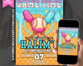 Canva Baseball Einladung Geburtstag, Baseball Party einladen, Baseball Einladung, Geburtstag Sofort Download Individuell