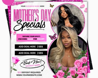 Panfleto de agendamento para o Dia das Mães, Panfleto de agendamento para maio, Cabelo em maio, Agenda aberta para maio, Panfleto de agendamento para maio, Agende agora para maio, Panfleto de cílios, unhas, tranças e perucas para maio