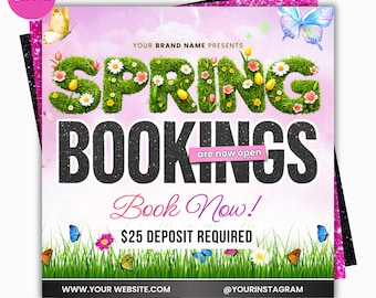 Flyer de Reservas para Férias de Primavera, Flyer de Reservas de Primavera, Flyer de Ofertas de Férias de Primavera, Flyer Especial de Primavera, Cabelo, Cílios, Unhas, Maquiagem e Tranças, Editável no Canva