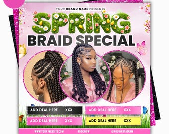 Panfleto de agendamento de tranças para o feriado de primavera, Panfleto de agendamento de primavera, Panfleto de promoção de feriado de primavera, Panfleto especial de primavera, Cabelo, cílios, unhas, maquiagem e tranças