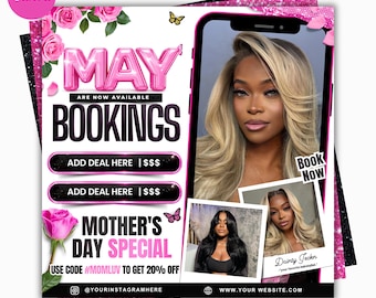 Panfleto de reservas de maio, Panfleto de reservas para o Dia das Mães, Cabelo em maio, Agenda aberta para maio, Panfleto de agendamento de maio, Agende agora para maio, Panfleto de cílios, unhas, tranças e perucas para maio