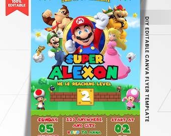 Convite de Aniversário Super Mario para Menino | Convite para Festa de Aniversário com Tema de Jogos | Modelo de Flyer Super Mario Editável | Download Imediato