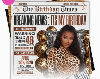 Newspaper Birthday Invitation – Leopard Print Party Invite | Editable Canva Template | Digital Birthday Evite & RSVP Flyer
