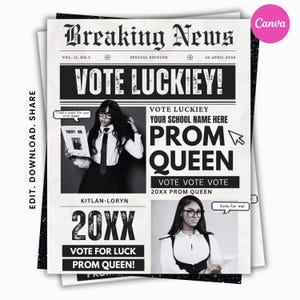Homecoming Queen Flyer, Newspaper Campaign Flyer, Vote For Me Flyer, HOCO Poster, Prom Queen Template, Editable Canva Template