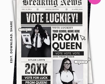 Homecoming Queen Flyer, Newspaper Campaign Flyer, Vote For Me Flyer, HOCO Poster, Prom Queen Template, Editable Canva Template