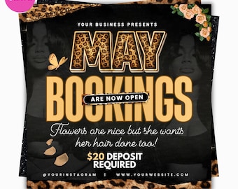 Panfleto de reservas de maio, Panfleto de reservas para o Dia das Mães, Cabelo em maio, Agenda aberta para maio, Panfleto de agendamento de maio, Agende agora para maio, Panfleto de cílios, unhas, tranças e perucas para maio