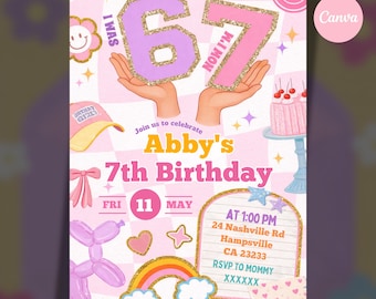 Convite de aniversário de 6 a 7 anos para meninas, convite digital editável com meme da moda para festa de 6 a 7 anos, "Bruh", aniversário de menina, convite de aniversário infantil.