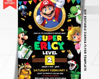 Convite de Aniversário Super Mario para Menino | Convite para Festa de Aniversário com Tema de Jogos | Modelo de Flyer Super Mario Editável | Download Imediato