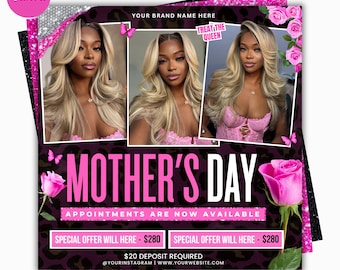 Flyer de Agendamento para o Dia das Mães | Agendamentos Abertos para Maio | Maquiagem | Cabelo | Unhas | Perucas | Tranças | Cílios | Agende Já seu Horário (Modelo do Canvas)