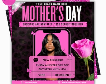 Flyer de Agendamento para o Dia das Mães | Agendamentos Abertos para Maio | Maquiagem | Cabelo | Unhas | Perucas | Tranças | Cílios | Agende Já seu Horário (Modelo do Canvas)