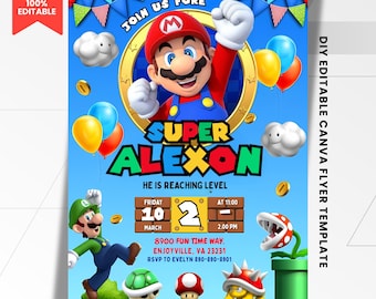 Convite de Aniversário Super Mario para Menino | Convite para Festa de Aniversário com Tema de Jogos | Modelo de Flyer Super Mario Editável | Download Imediato