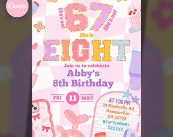 Convite de aniversário retrô para menina de 8 anos com estética dos anos 67, "Ela não tem 67, ela tem 8 anos", convite de aniversário infantil editável no Canva.