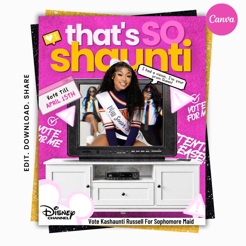Pink Y2K homecoming queen flyer template with retro TV aesthetic editable Canva design for prom campaign