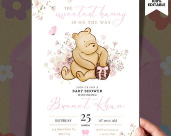 Convite de Chá de Bebê do Ursinho Pooh Editável, Convite Digital "Oh menina!", Convite Azul do Ursinho Pooh, Editável no Canva