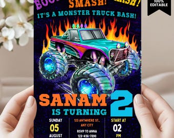 Convite de Aniversário com Tema de Monster Truck, Convite para Festa com Tema de Monster Truck, Modelo Editável e Imprimível para Canva, Cana Digital