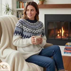 Womens Fair Isle Jumper, Nordic Knit Sweater, Scandinavian Winter Pullover, Cozy Oversized Knitwear, Gift for Her