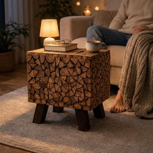Mesa auxiliar cuadrada, taburete hecho a mano, mueble de bloque macizo, decoración rústica bohemia.