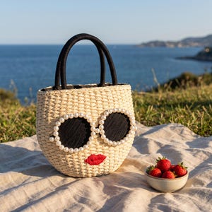 May include: A woven straw handbag featuring two black handles and a decorative face design. The face includes two large circular black sunglasses outlined with white faux pearls and a pair of embroidered red lips centered below the glasses.