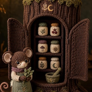 May include: A crocheted brown mouse wearing glasses and a green apron stands beside a large, hollowed-out tree trunk cabinet. The cabinet features three shelves holding six small jars with embroidered designs and a mortar and pestle.