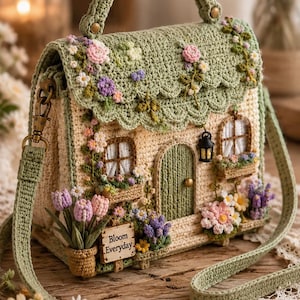 Op de afbeelding: Handgemaakte gehaakte handtas in de vorm van een huisje, versierd met bloemmotieven. De tas heeft een groen dak, een deur en ramen, met de tekst "Bloom Everyday" op een klein bordje. Het heeft een groene handgreep en riem.