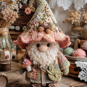 Op de afbeelding: Een handgemaakte gehaakte kabouterpop met een grillig ontwerp. De kabouter heeft een grote, puntige hoed versierd met bloemen en eikels, een lange witte baard en een kleine groene tas. De pop is gekleed in een patchworkjas en bruine laarzen.