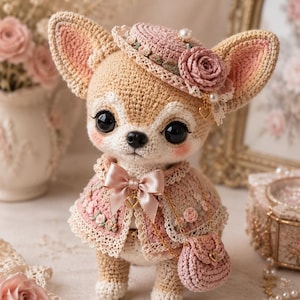 May include: A crocheted chihuahua dog wearing a pink hat with a rose, a pink and cream-coloured cape, and a small purse. The dog has large black eyes and a pink bow. The crochet work is detailed with lace trim and pearl accents.