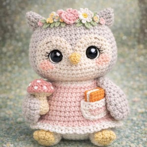 May include: A handmade crochet owl doll with large black eyes, wearing a pink dress and a floral crown. The owl holds a mushroom and has a book in its pocket. The owl is made of gray, pink, and yellow yarn.
